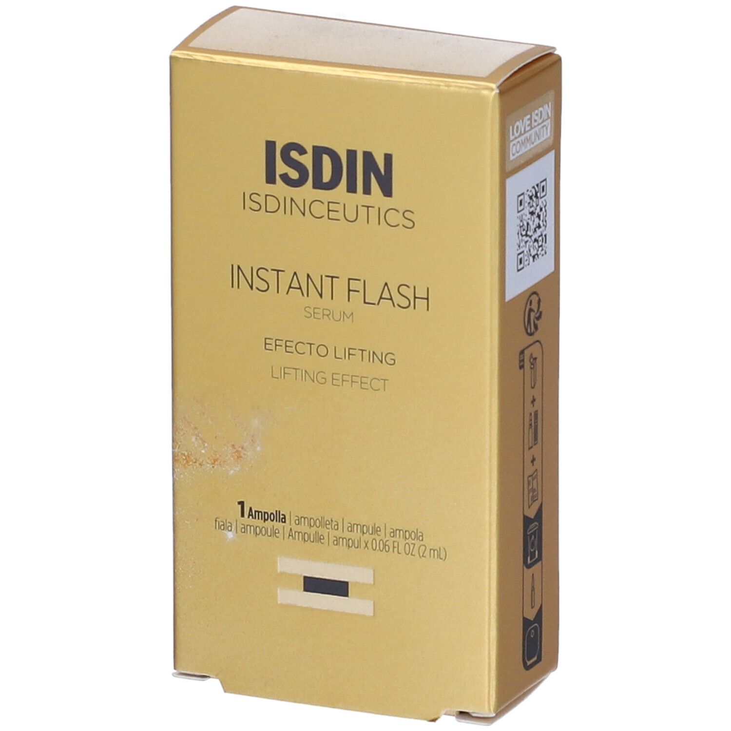 Scatola dorata ISDIN Instant Flash. Contiene un'ampolla. Effetto lifting. Testo in spagnolo e inglese.