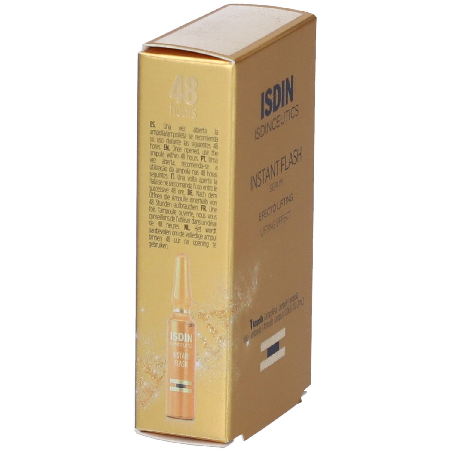 Scatola dorata ISDIN Instant Flash. Mostra un'ampolla. Testo in più lingue, tra cui l'italiano.
