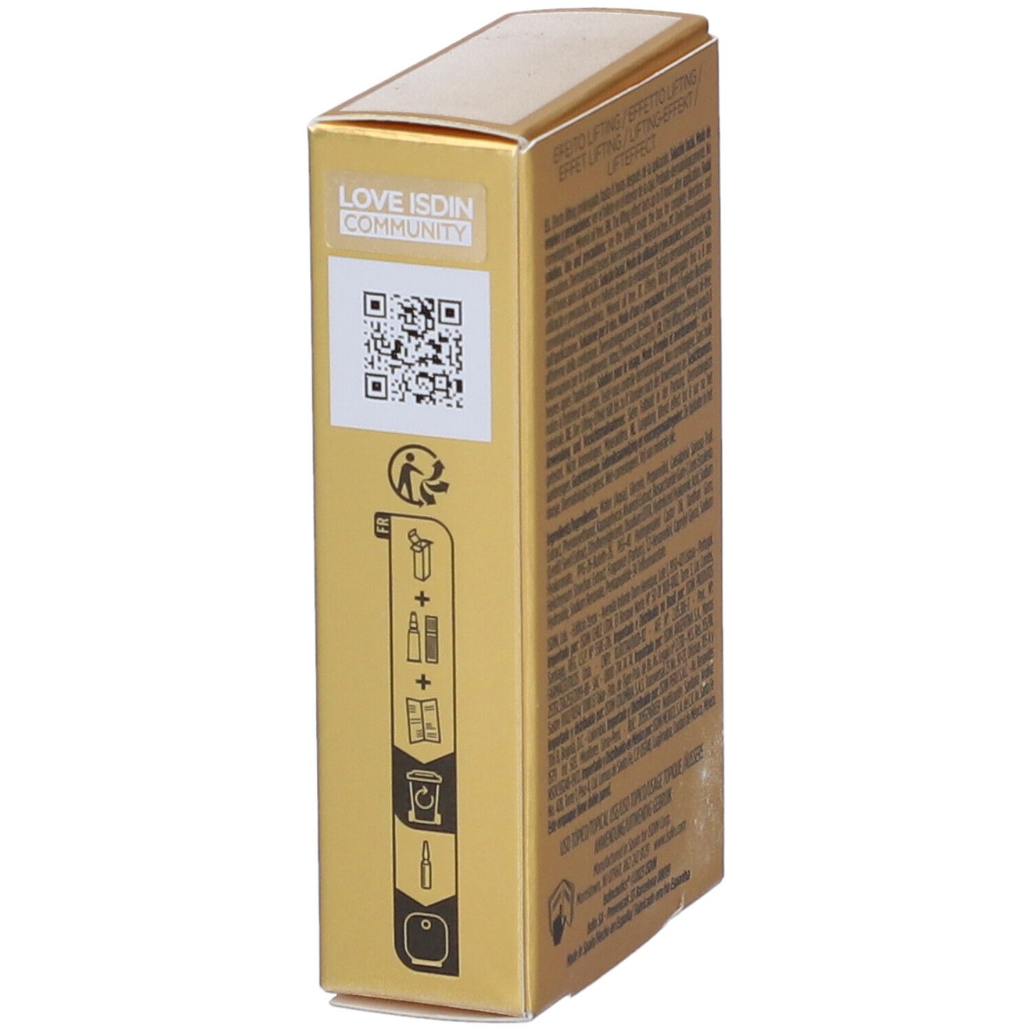 Scatola dorata ISDIN Instant Flash. Codice QR e pittogrammi. Simbolo di riciclaggio.
