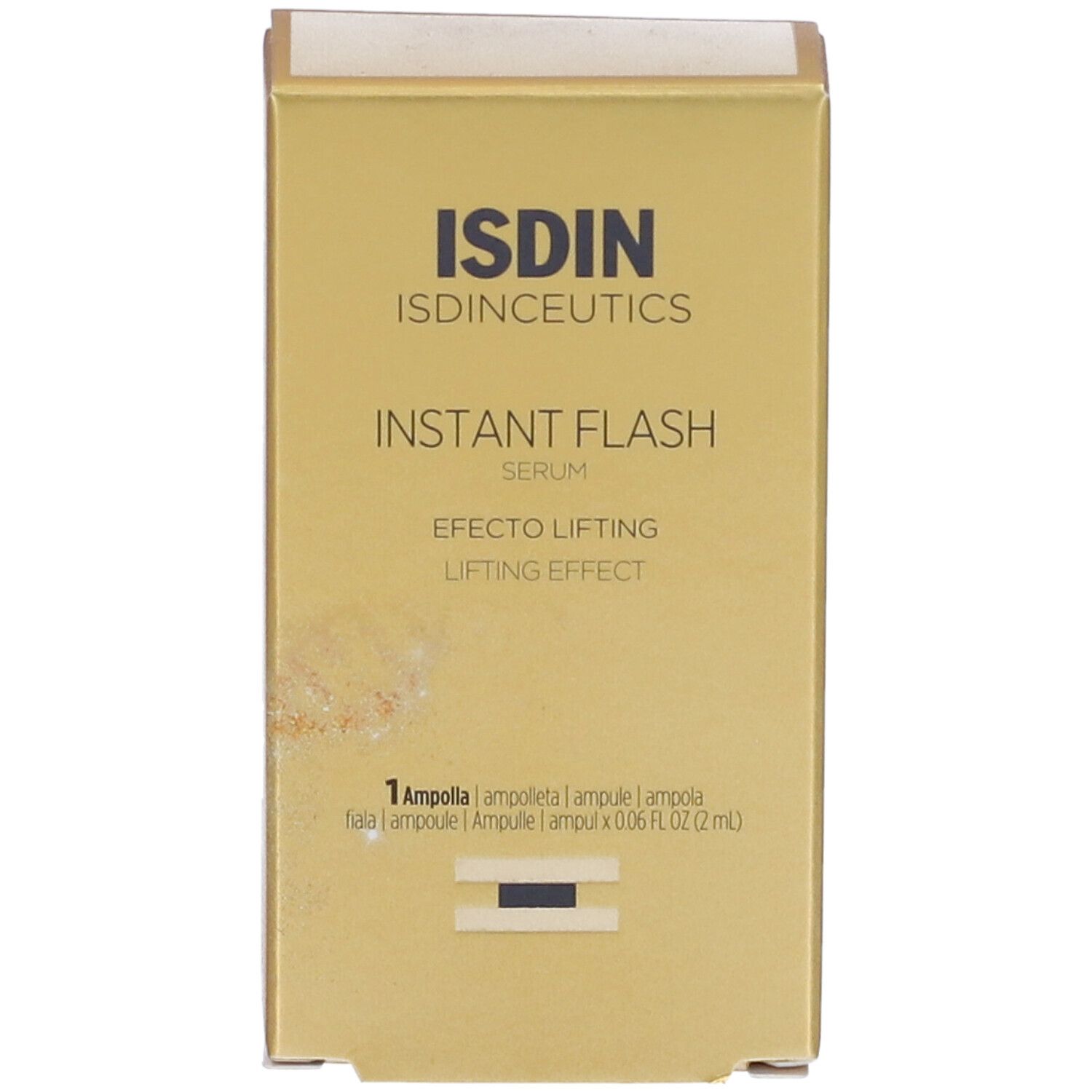 Scatola dorata ISDIN Instant Flash. Contiene un'ampolla. Effetto lifting. Logo ISDIN.