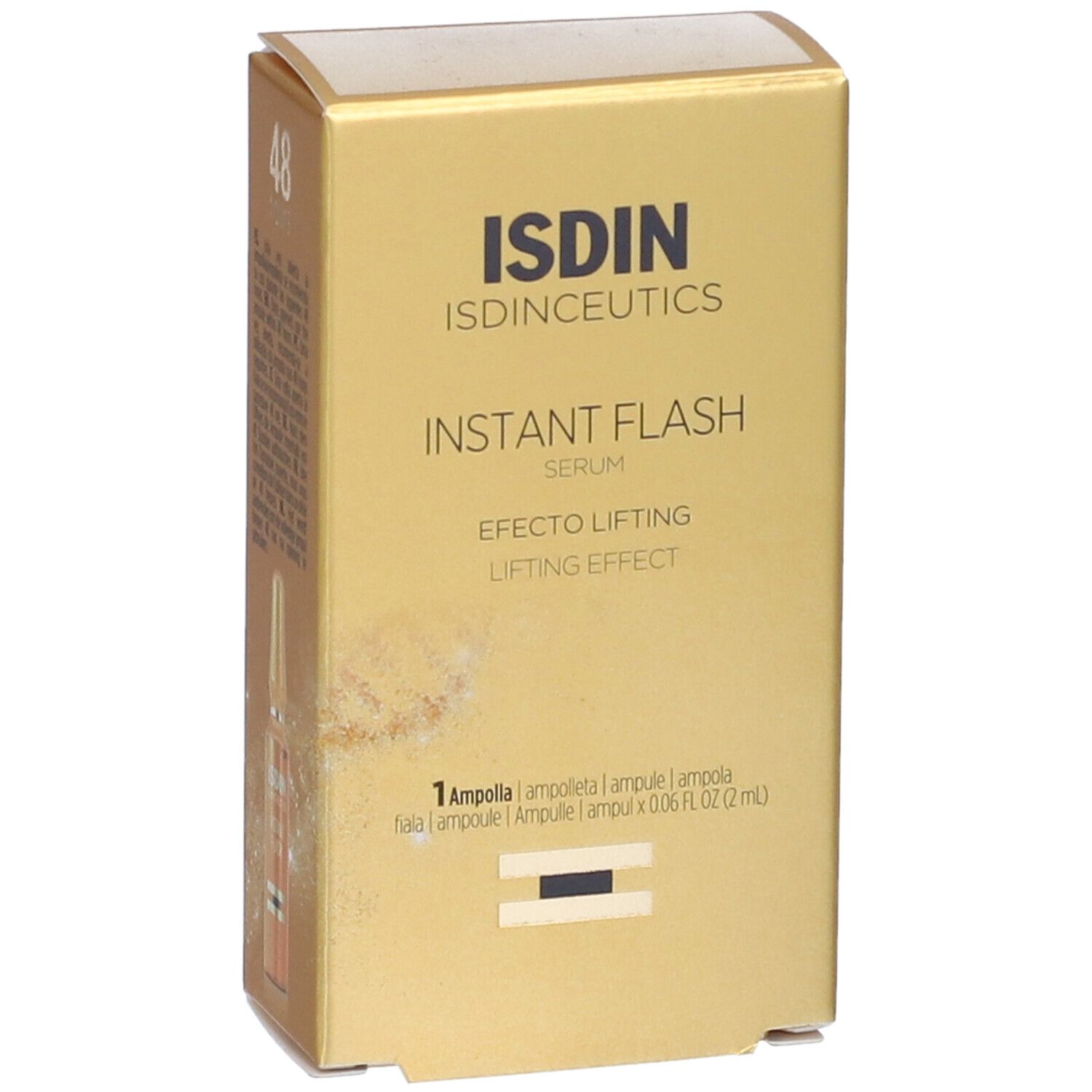 Scatola dorata ISDIN Instant Flash. Contiene un'ampolla. Effetto lifting. Logo ISDIN.