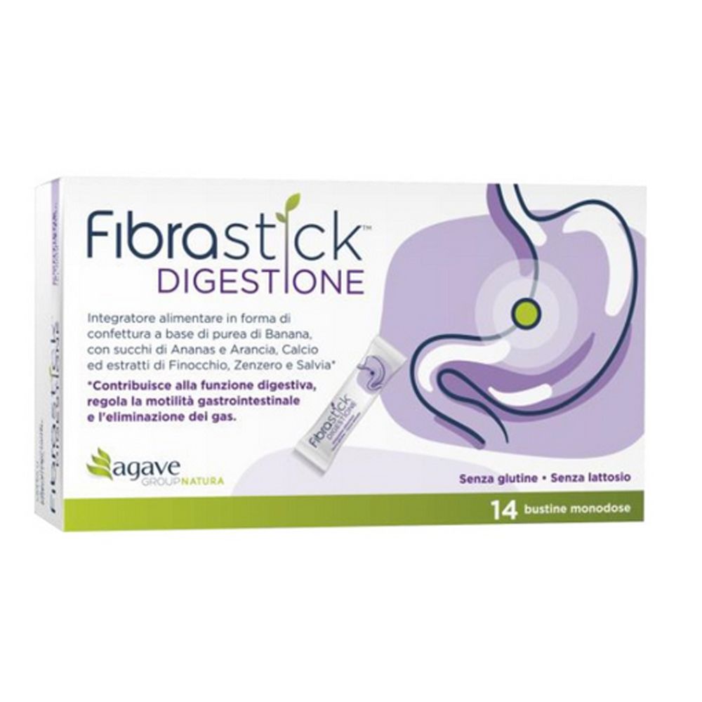 Scatola con 14 bustine. Scritta: Fibrastick Digestione. Illustrazione di uno stomaco. Senza glutine, senza lattosio.