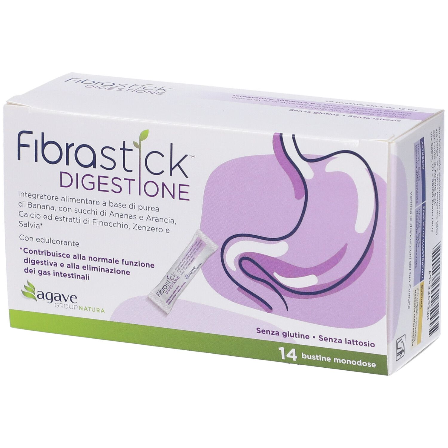 Scatola con 14 bustine. Scritta: Fibrastick Digestione. Illustrazione di uno stomaco. Senza glutine, senza lattosio.