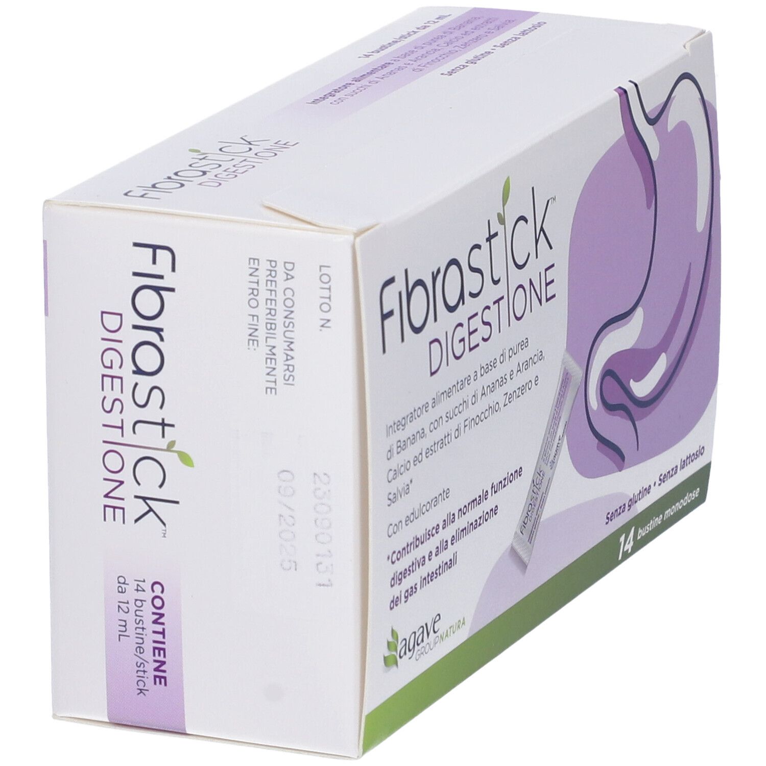 Scatola con 14 bustine. Scritta: Fibrastick Digestione. Illustrazione di uno stomaco. Senza glutine, senza lattosio.