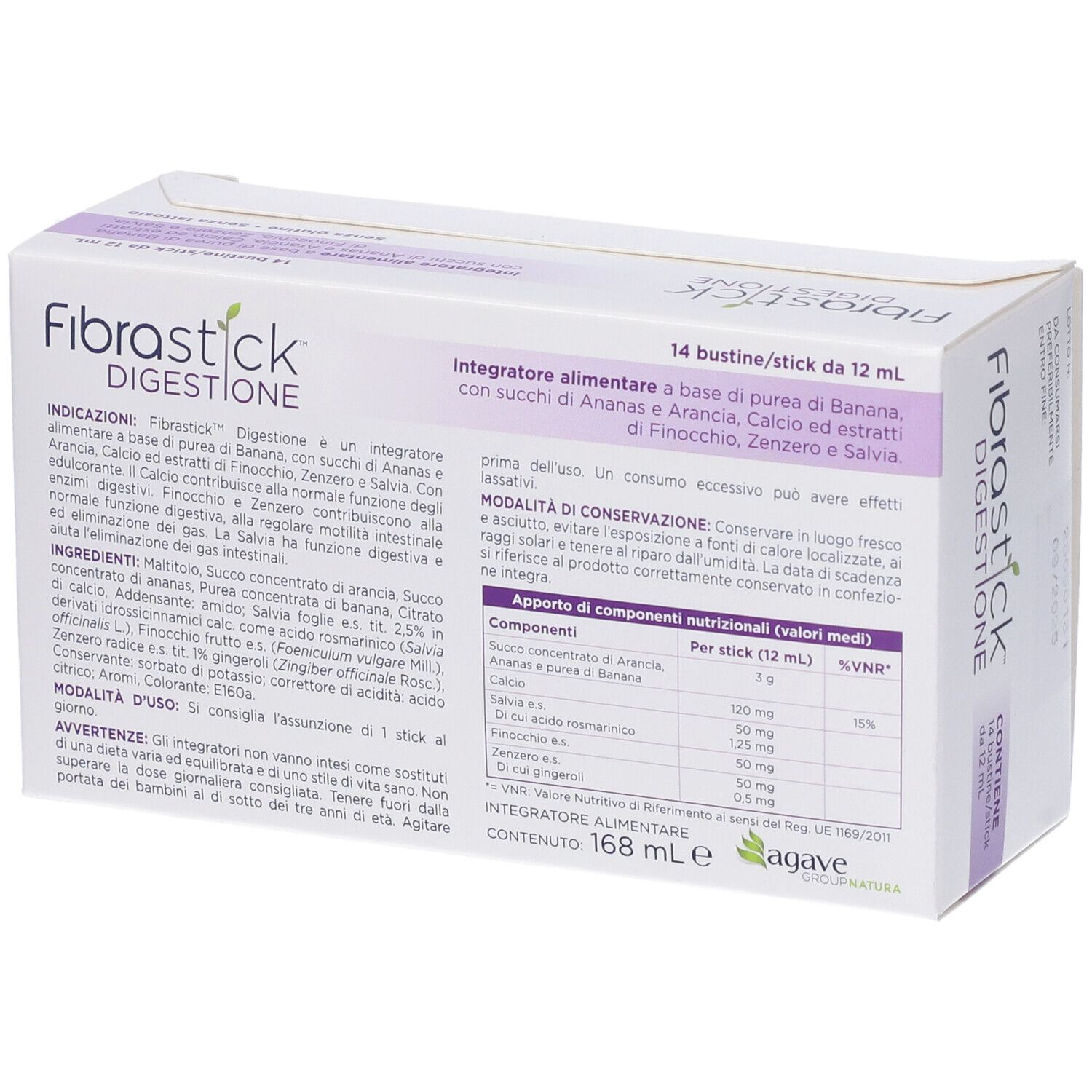 Scatola con 14 bustine. Scritta: Fibrastick Digestione. Elenco ingredienti e informazioni nutrizionali.