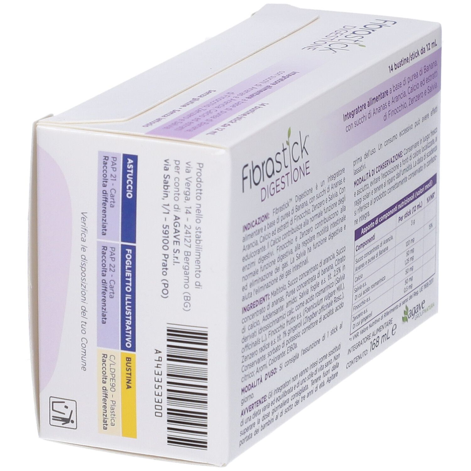 Scatola con 14 bustine. Scritta: Fibrastick Digestione. Retro con indirizzo produttore e istruzioni riciclo.