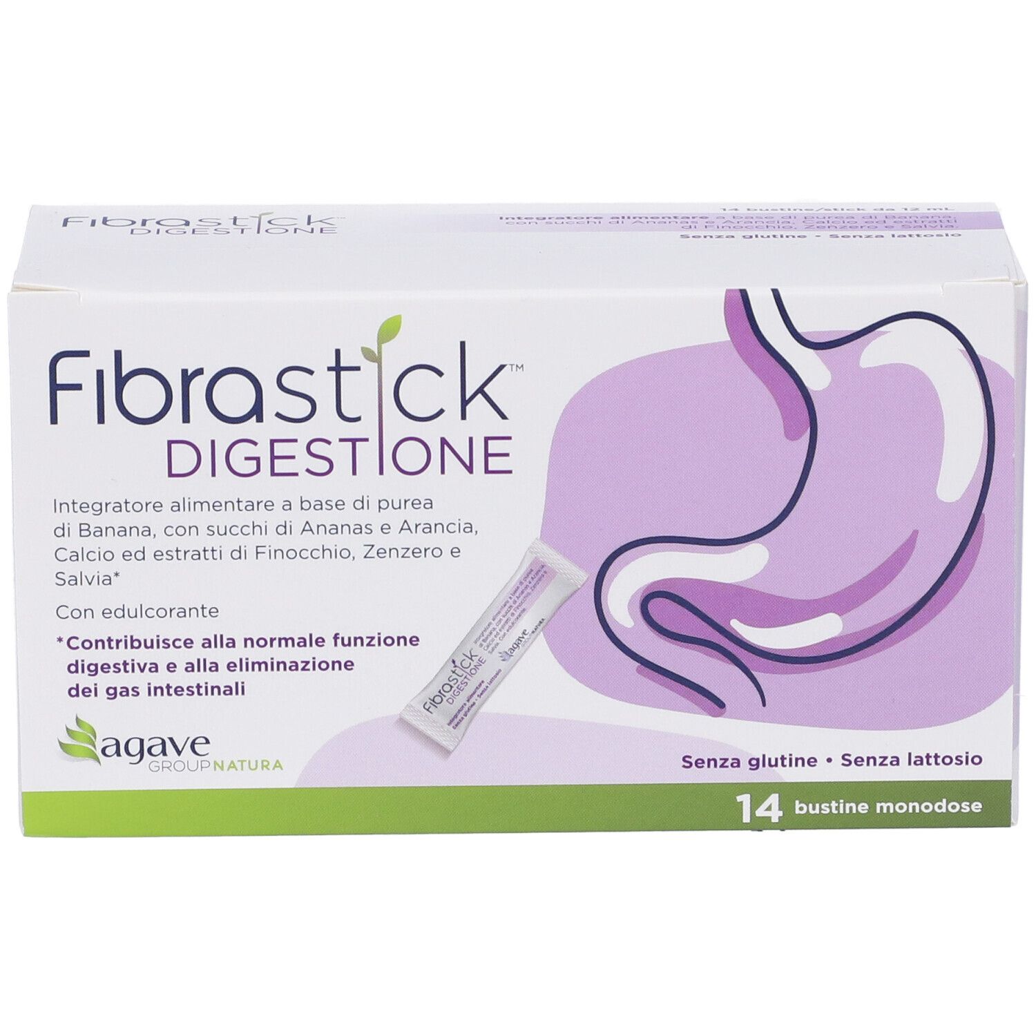 Scatola con 14 bustine. Scritta: Fibrastick Digestione. Illustrazione di uno stomaco. Senza glutine, senza lattosio.