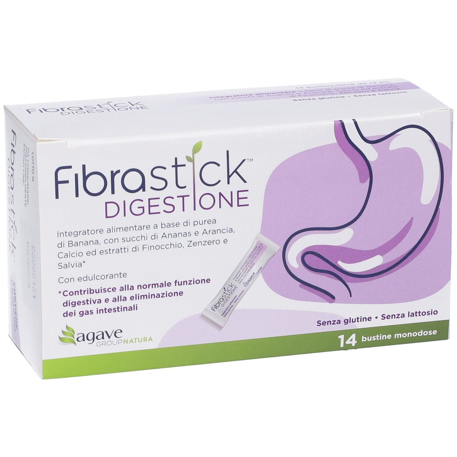 Scatola con 14 bustine. Scritta: Fibrastick Digestione. Illustrazione di uno stomaco. Senza glutine, senza lattosio.
