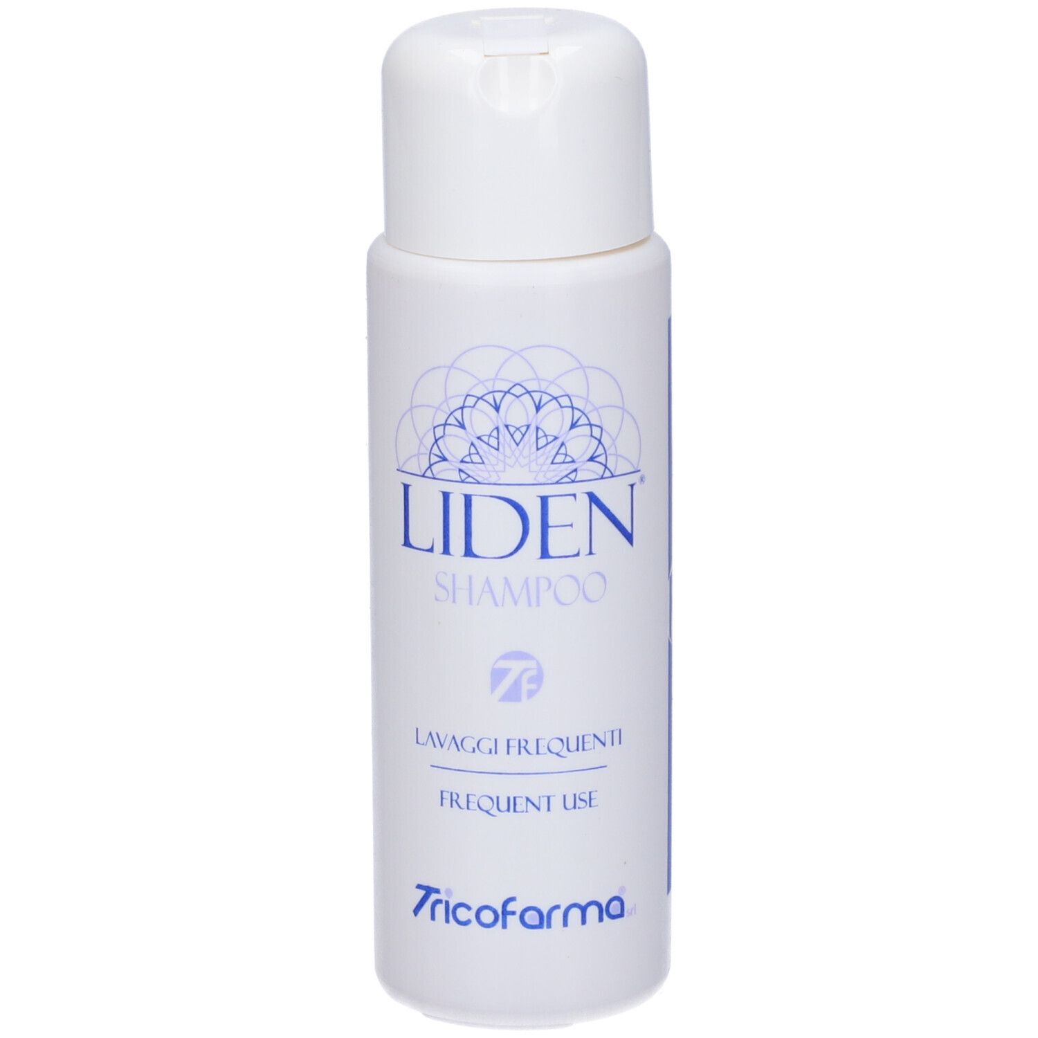 Flacone bianco con logo blu Liden Shampoo. Testo: Lavaggi Frequenti, Frequent Use. Marca: Tricofarma.