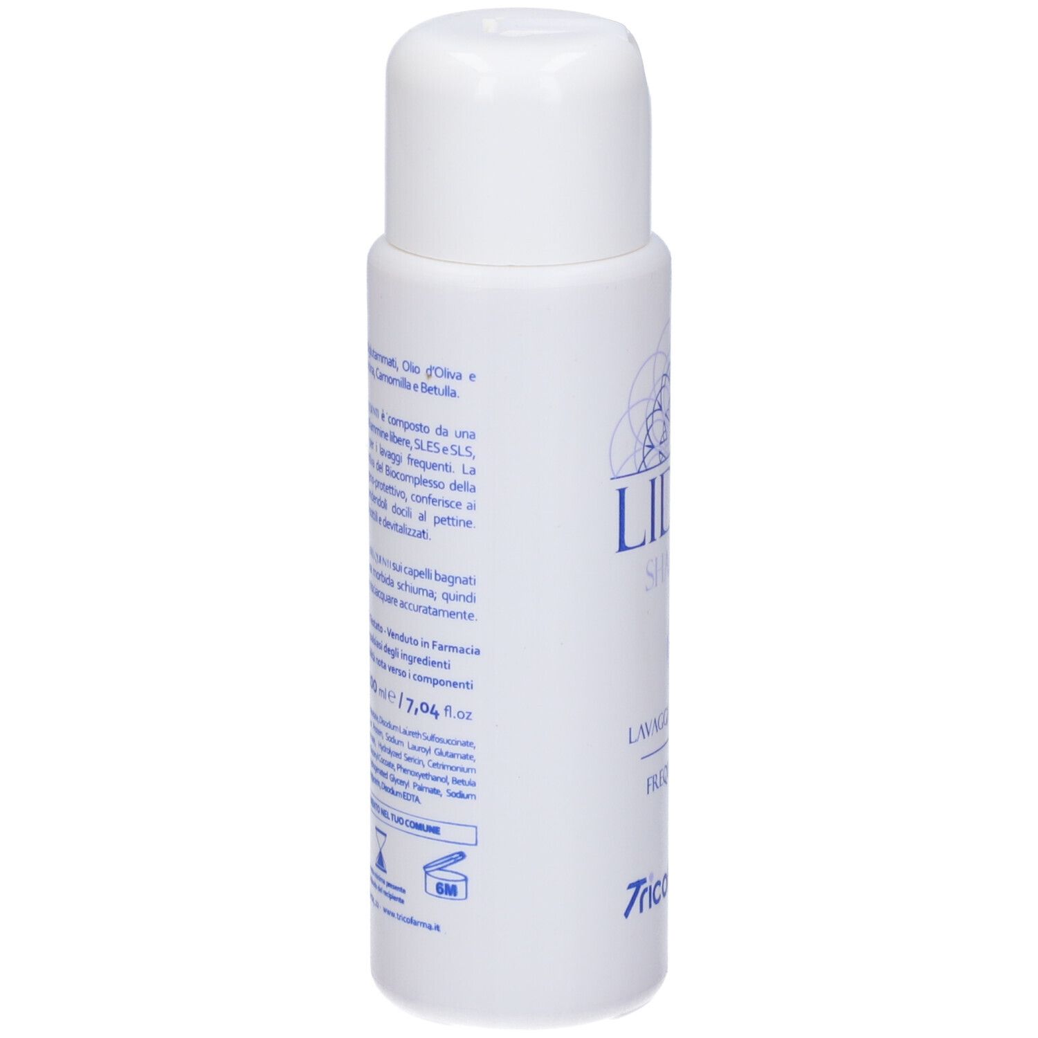 Flacone bianco con testo blu. Testo: Liden Shampoo, Lavaggi Frequenti, Frequent Use. Marca: Tricofarma. Testo sul retro.