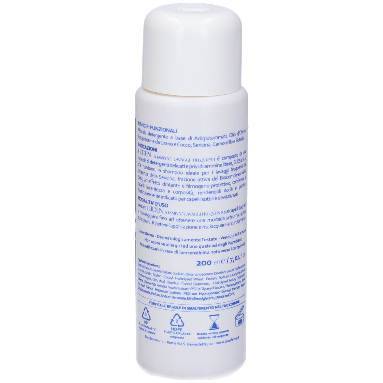 Retro di un flacone bianco. Testo: Liden Shampoo, ingredienti, 200 ml. Simboli di riciclaggio. Marca: Tricofarma.