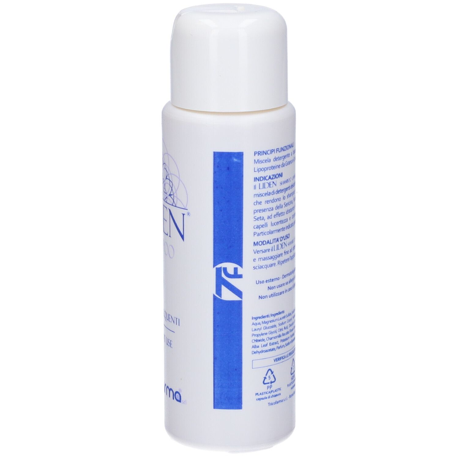 Flacone bianco con striscia blu. Testo: Liden Shampoo, Lavaggi Frequenti, Frequent Use. Marca: Tricofarma. Testo sul retro.