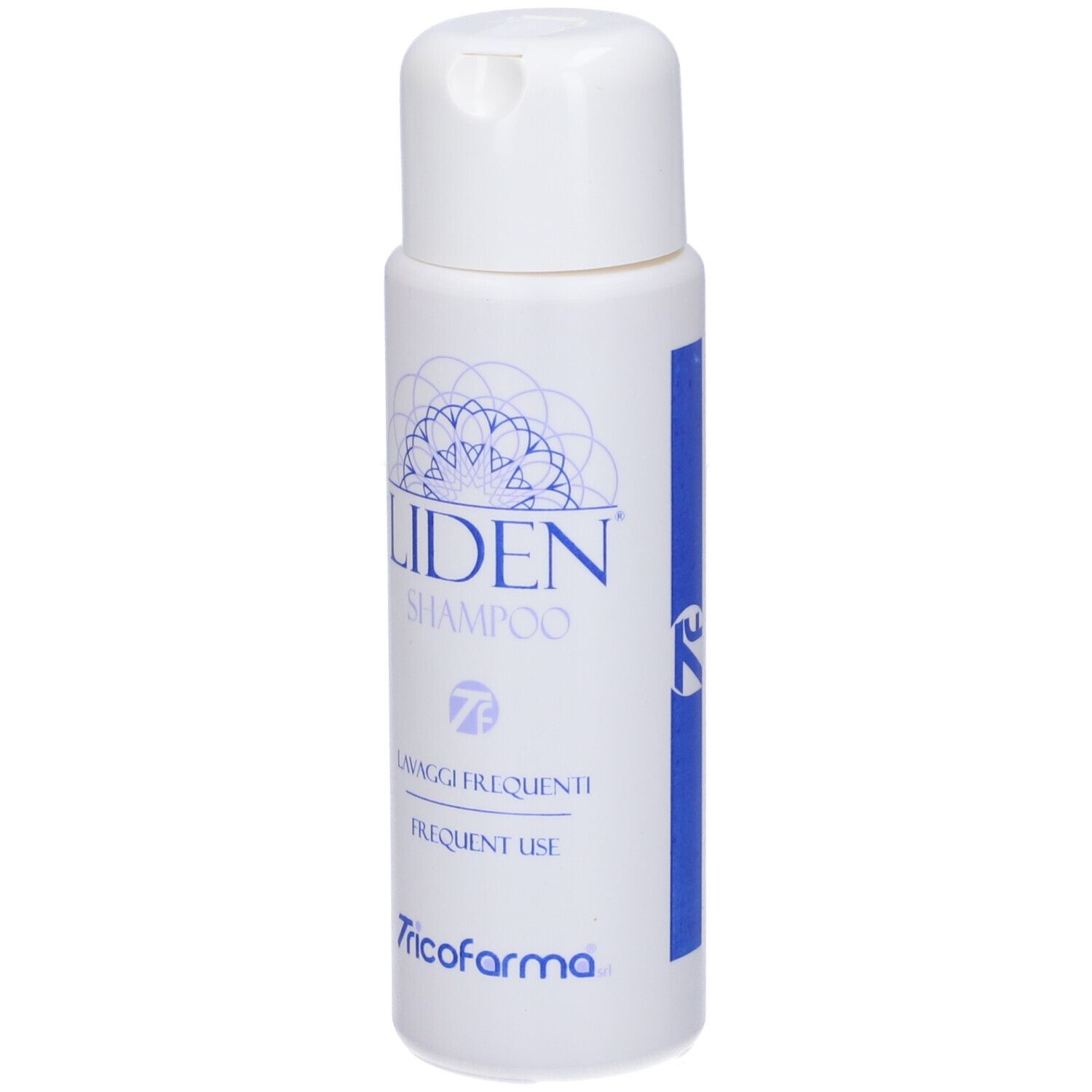 Flacone bianco con logo blu Liden Shampoo. Testo: Lavaggi Frequenti, Frequent Use. Marca: Tricofarma.