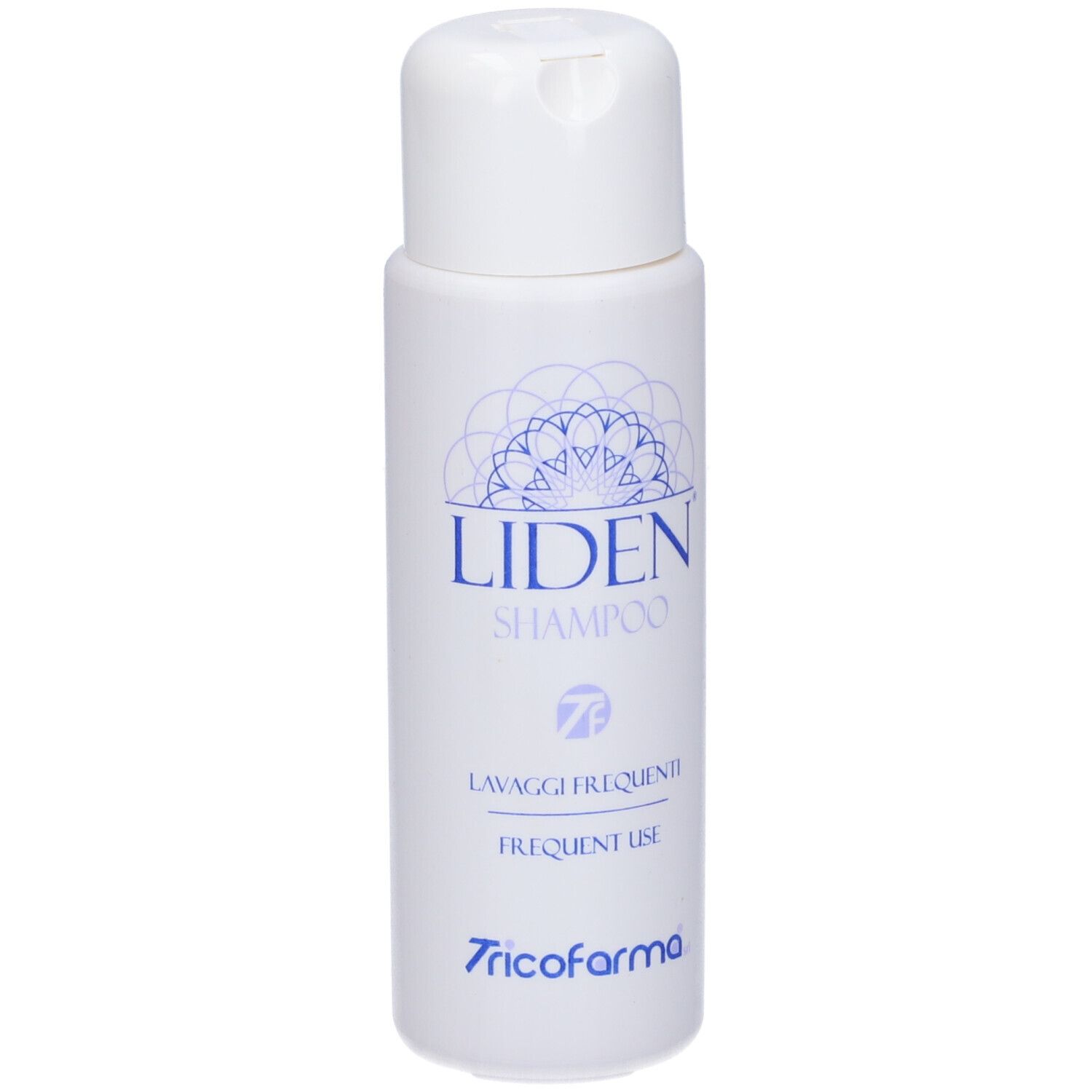 Flacone bianco con logo blu Liden Shampoo. Testo: Lavaggi Frequenti, Frequent Use. Marca: Tricofarma.