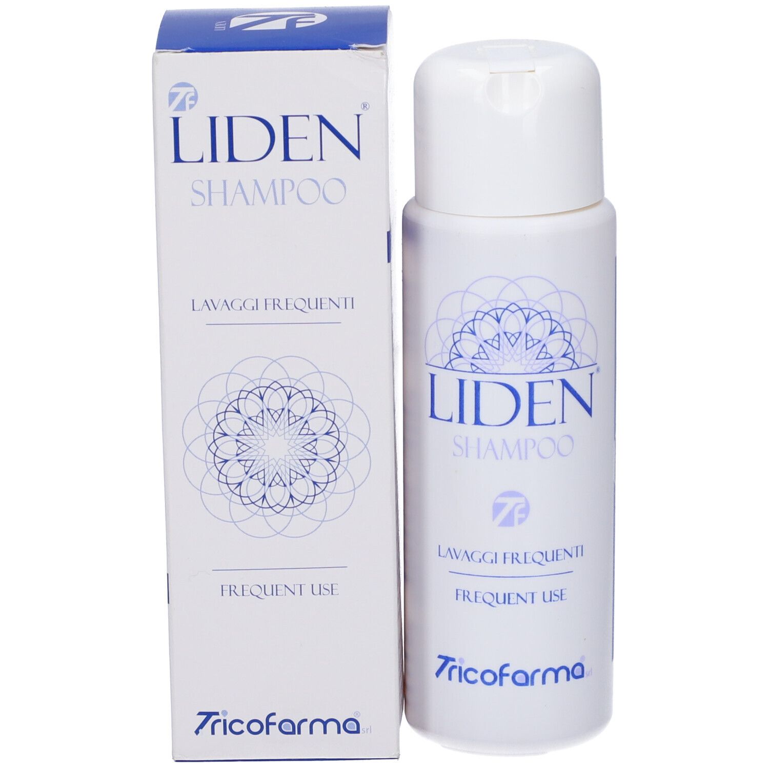 Flacone e scatola Liden Shampoo. Testo: Liden Shampoo, Lavaggi Frequenti, Frequent Use. Marca: Tricofarma.