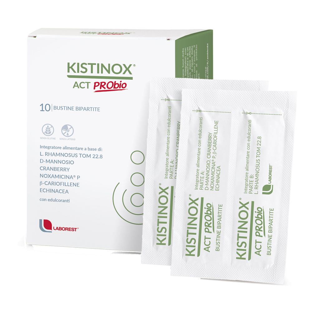 Confezione e bustine Kistinox Act ProBio. 10 bustine. Contiene L. Rhamnosus, D-Mannose, Cranberry, ecc.