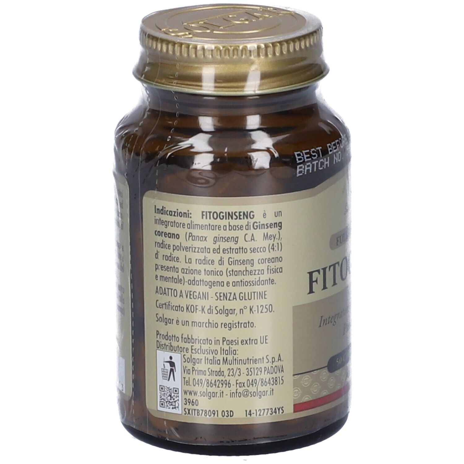 Retro del flacone di vetro marrone. Etichetta con informazioni sul prodotto e indirizzo del produttore. Marchio: Solgar.