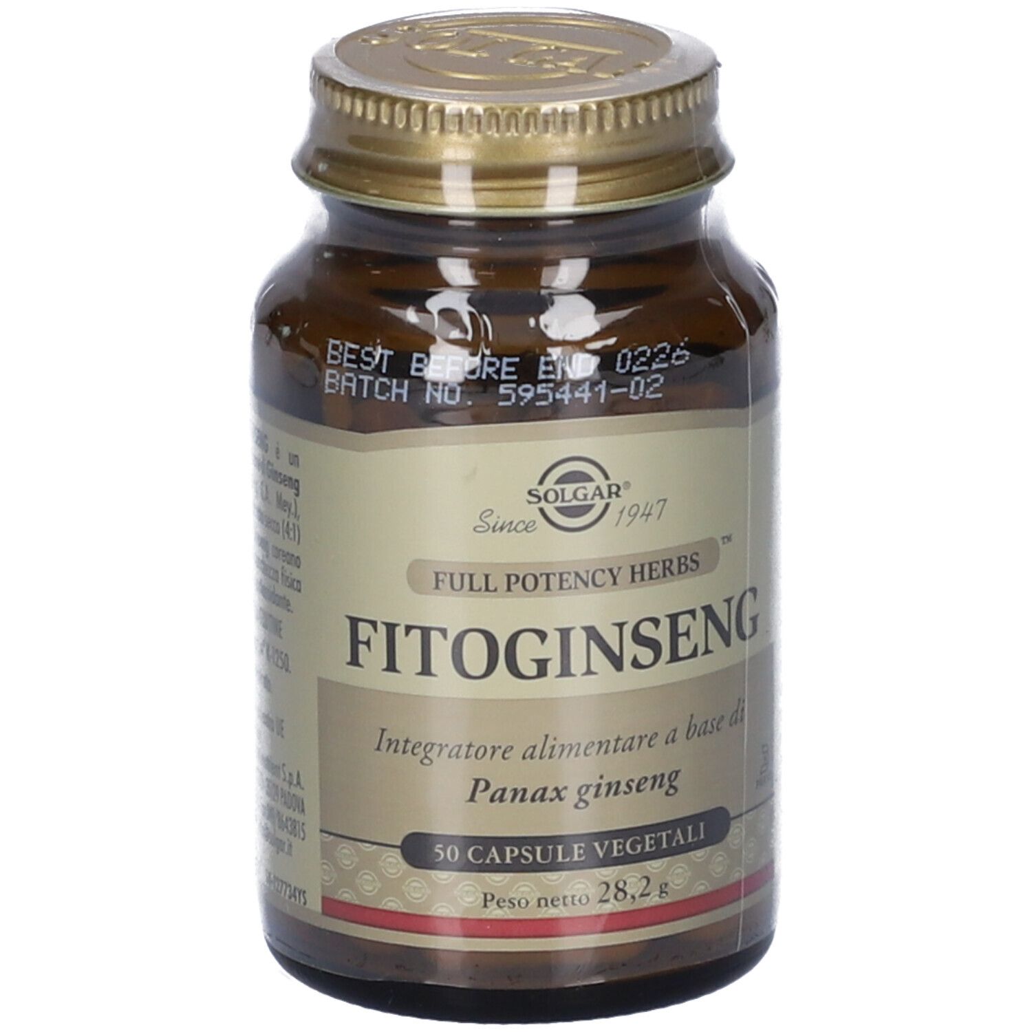 Flacone di vetro marrone con tappo dorato. Scritta: Fitoginseng, 50 capsule. Marchio: Solgar.