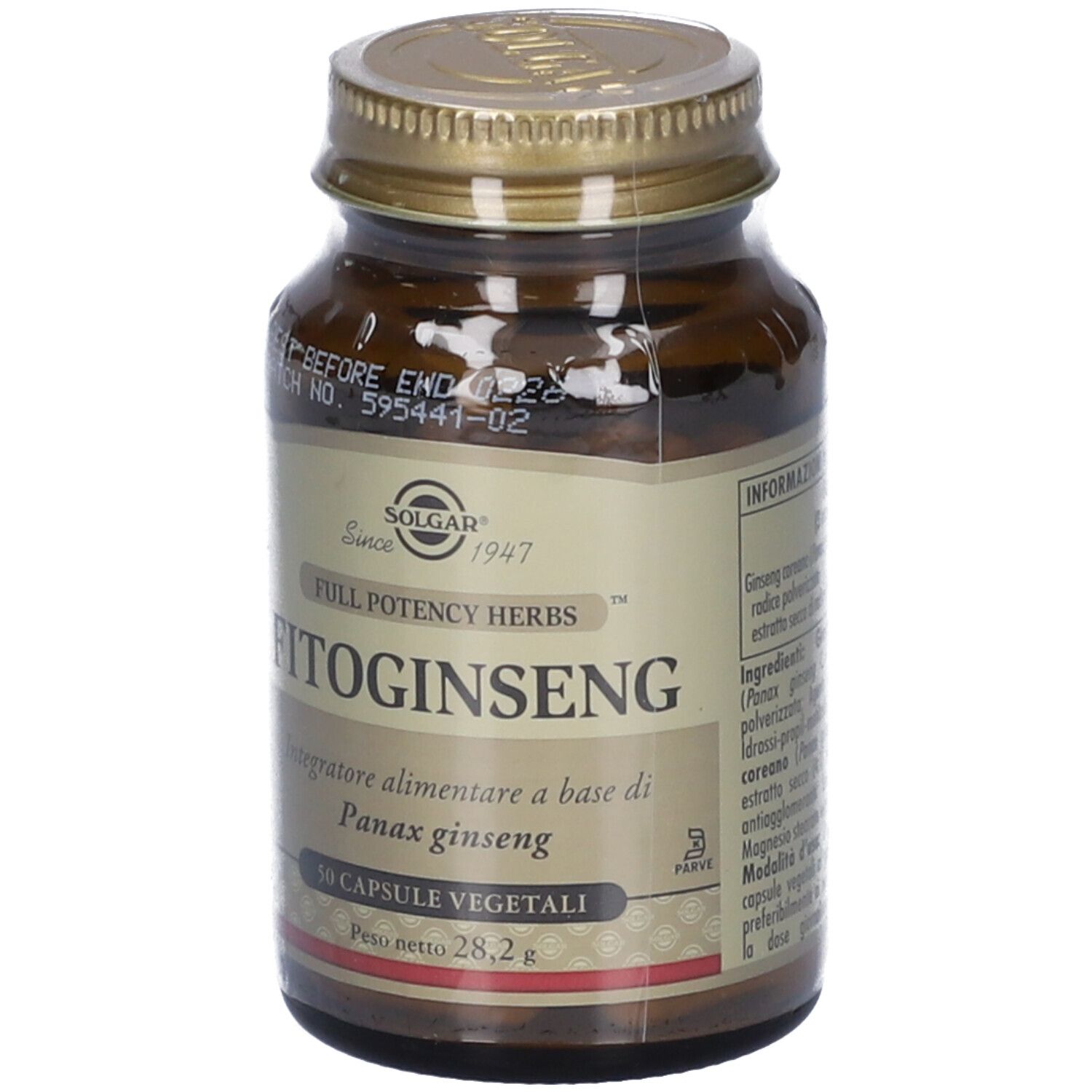 Flacone di vetro marrone con tappo dorato. Scritta: Fitoginseng, 50 capsule. Marchio: Solgar.