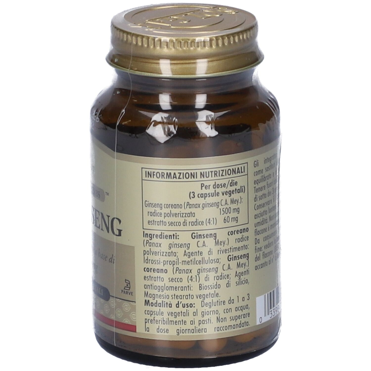 Retro del flacone di vetro marrone. Etichetta con informazioni nutrizionali e ingredienti. Marchio: Solgar.