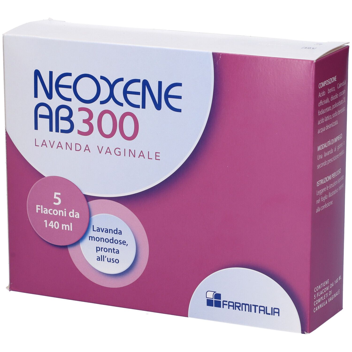 Confezione di Neoxene AB 300, 5 flaconi da 140 ml. Lavanda vaginale. Farmitalia.