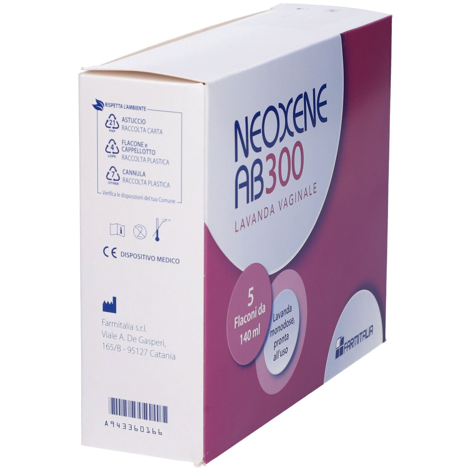 Vista laterale della confezione Neoxene AB 300. Informazioni riciclo e marcatura dispositivo medico.