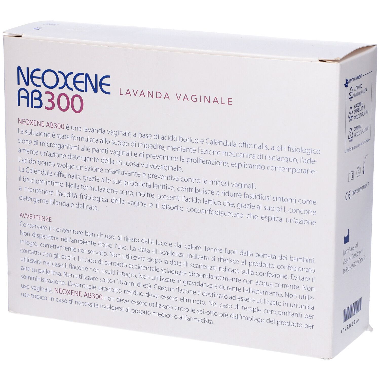 Retro della confezione Neoxene AB 300. Informazioni prodotto e avvertenze.