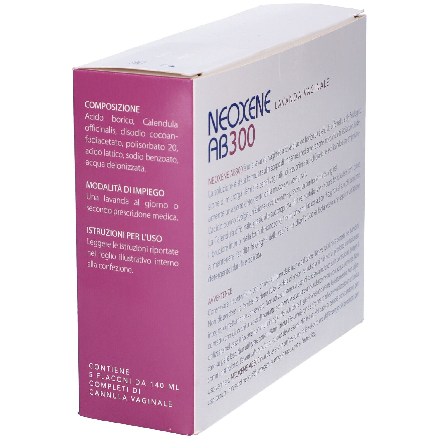 Vista laterale della confezione Neoxene AB 300. Composizione, modalità d'uso e istruzioni.