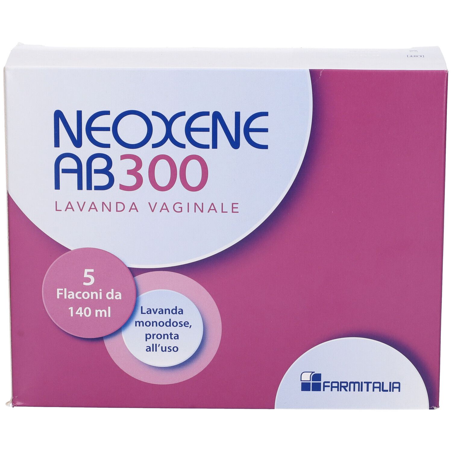 Vista frontale della confezione Neoxene AB 300. 5 flaconi da 140 ml. Lavanda vaginale.