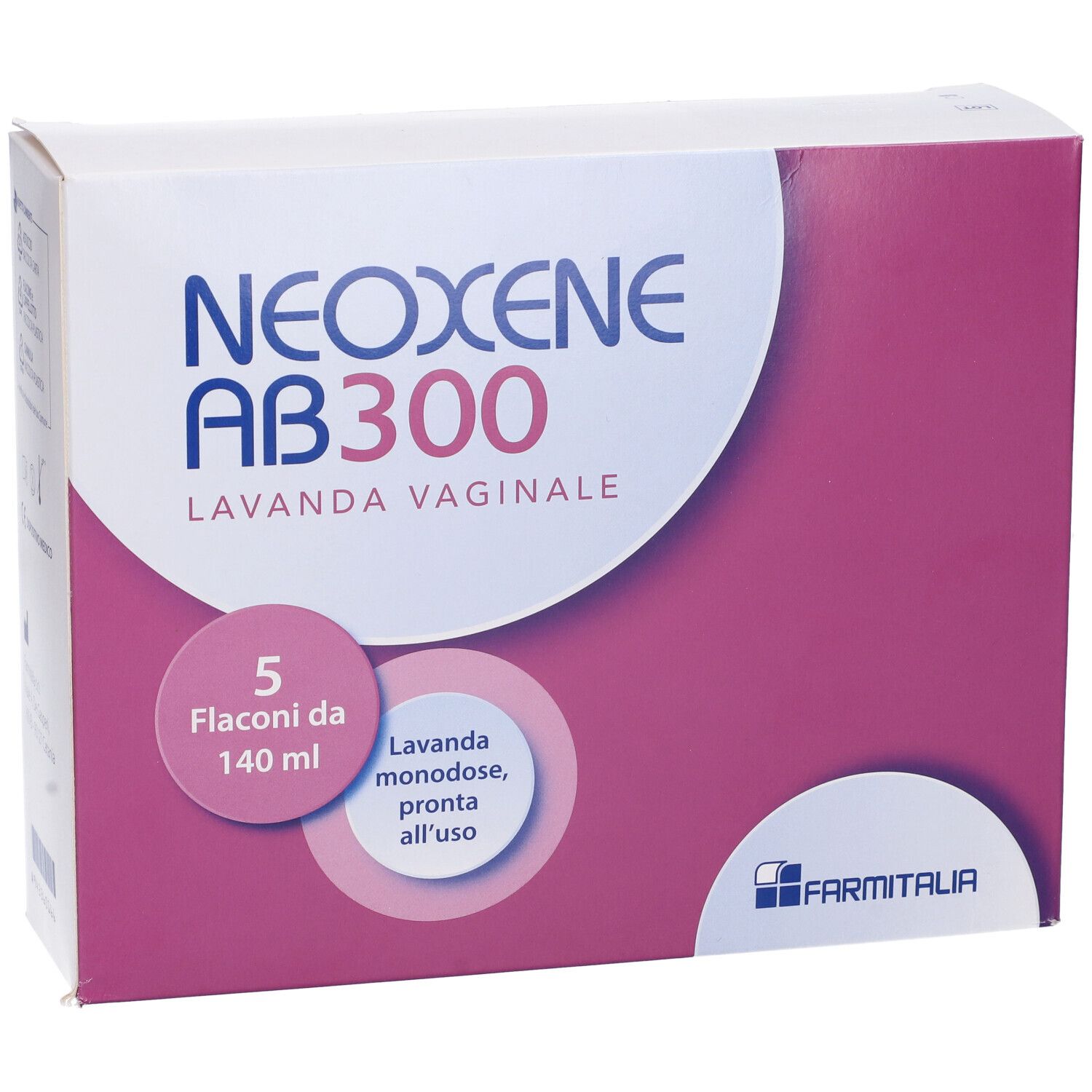 Vista frontale della confezione Neoxene AB 300. 5 flaconi da 140 ml. Lavanda vaginale. Pronta all'uso.