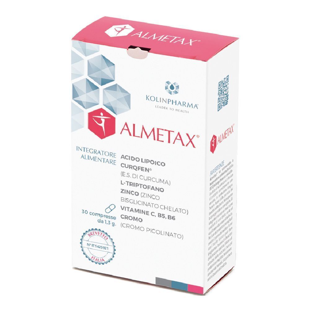 Scatola ALMETAX con ingredienti (curcuma, zinco). 30 compresse. Certificazioni.