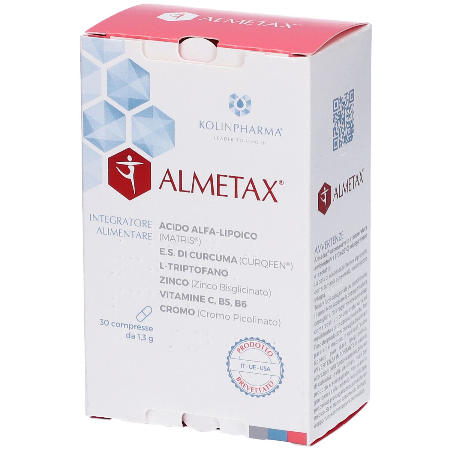 Confezione ALMETAX con ingredienti (acido alfa-lipoico, zinco). 30 compresse. Certificazione.