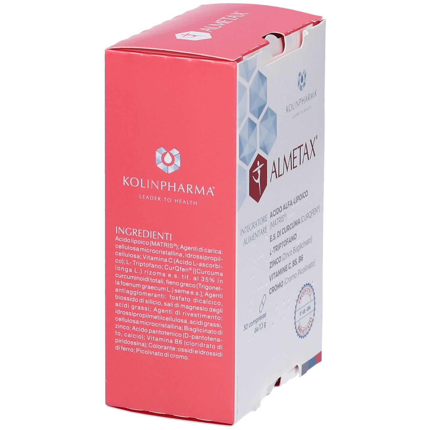 Confezione ALMETAX, ingredienti: acido alfa-lipoico, curcuma, zinco. 30 compresse. Dettaglio.