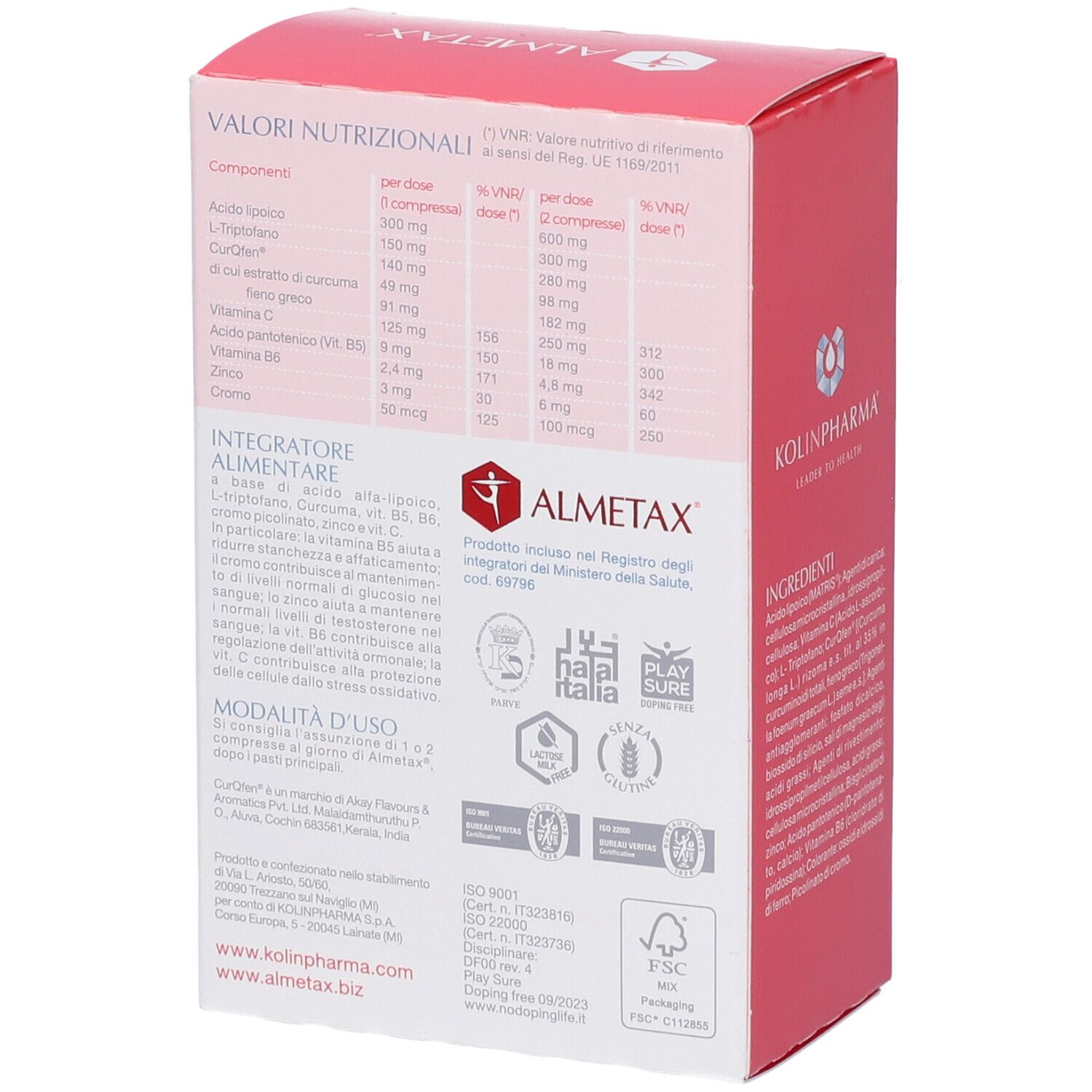 Confezione ALMETAX con informazioni nutrizionali e ingredienti. Certificazioni e loghi.