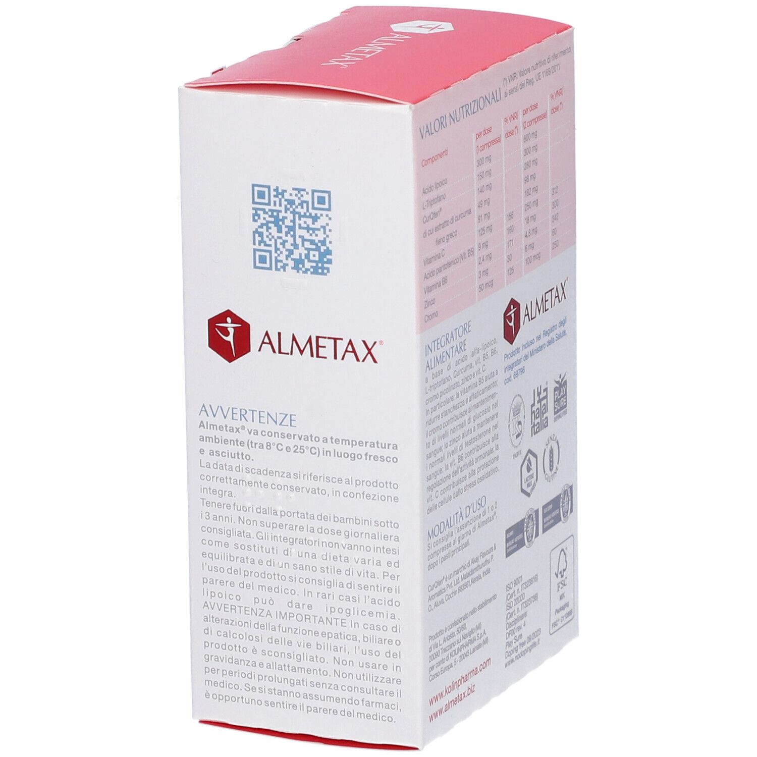 Confezione ALMETAX con avvertenze e codice QR. Loghi e certificazioni.
