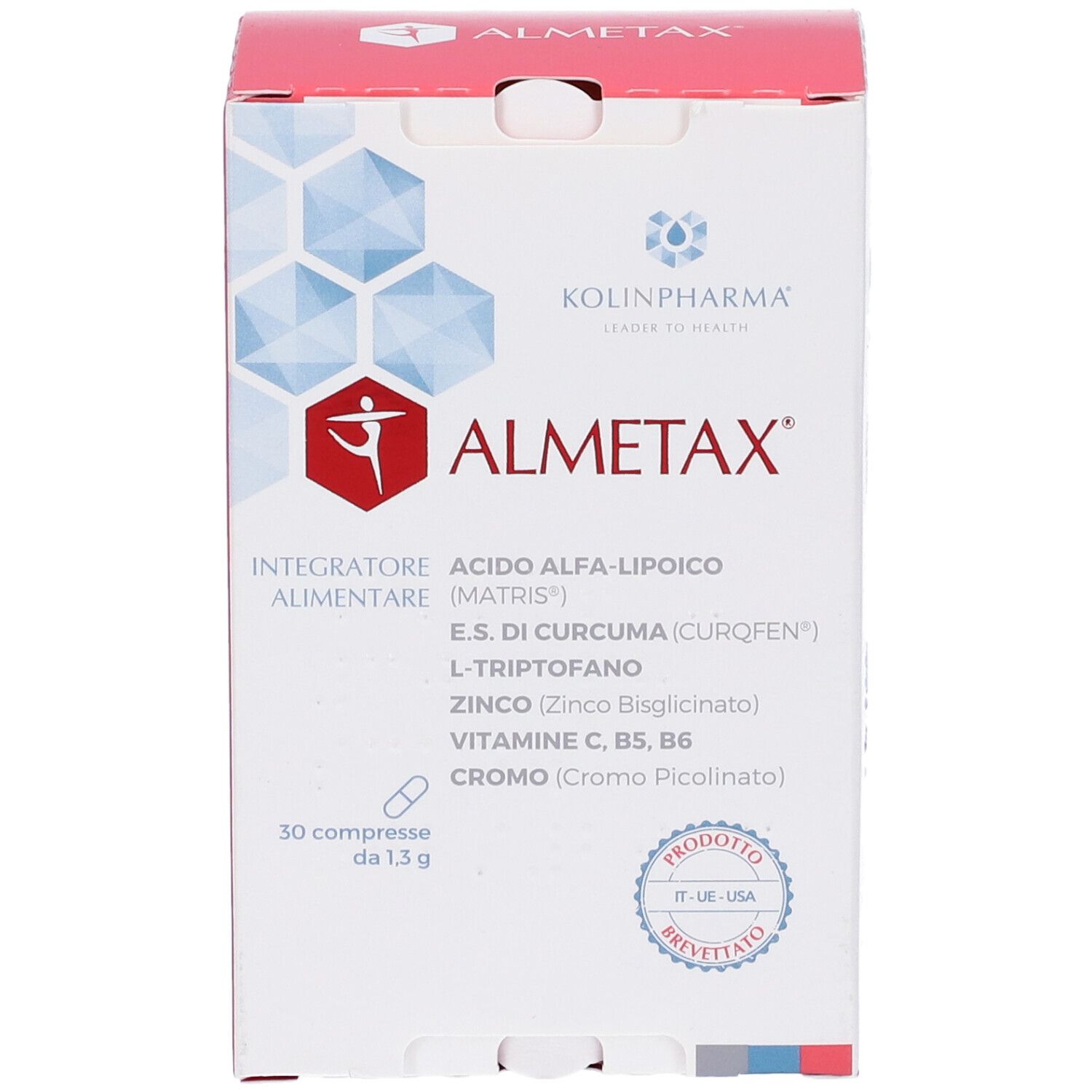 Confezione ALMETAX con ingredienti (acido alfa-lipoico, zinco). 30 compresse. Certificazione.