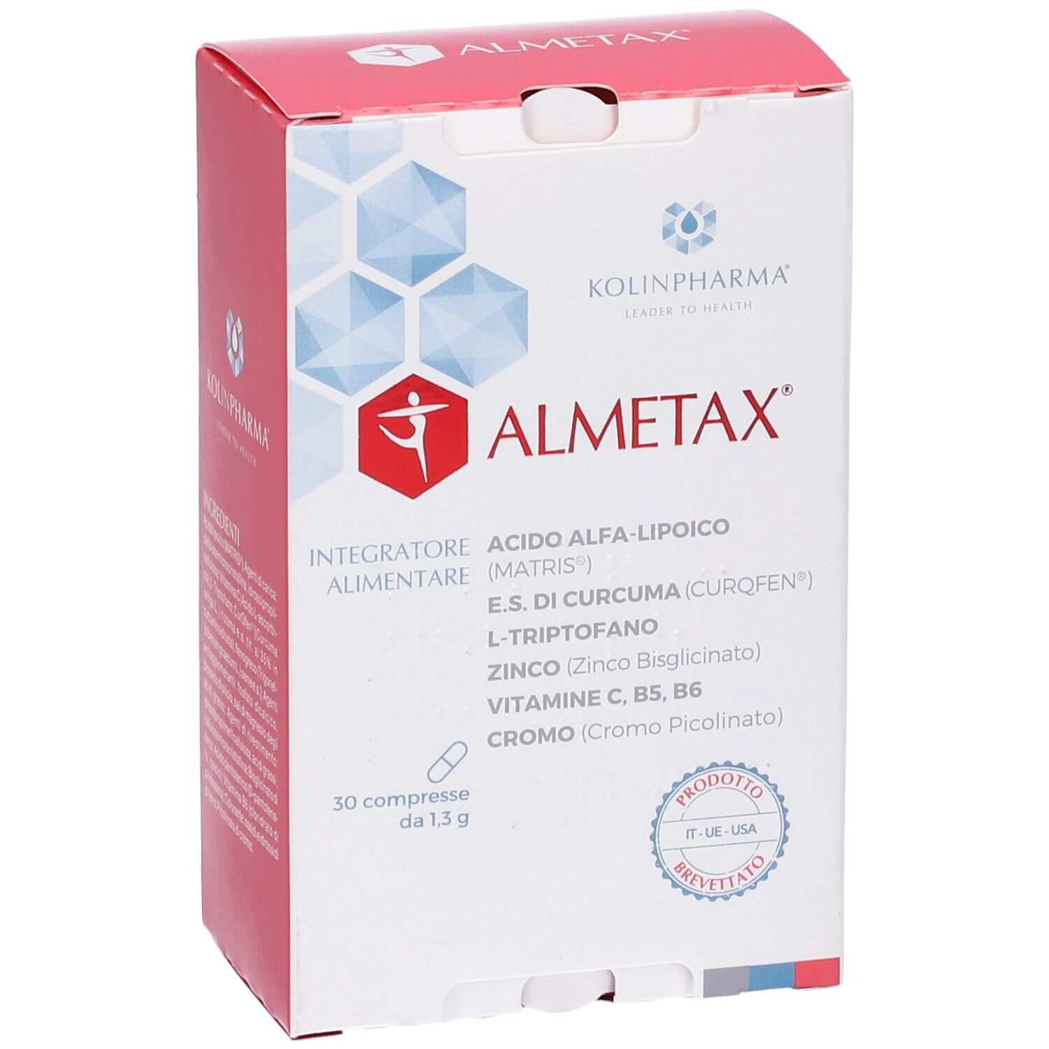 Confezione ALMETAX con ingredienti (acido alfa-lipoico, zinco). 30 compresse. Certificazione.