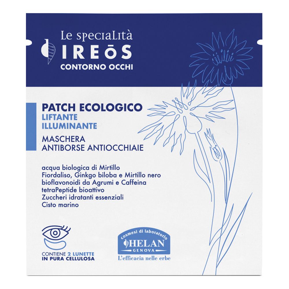 Confezione di patch per occhi. Testo: Ireos, Contorno Occhi, Patch Ecologico Liftante Illuminante, Maschera Antiborse Antiocchiaie. Logo Helan.
