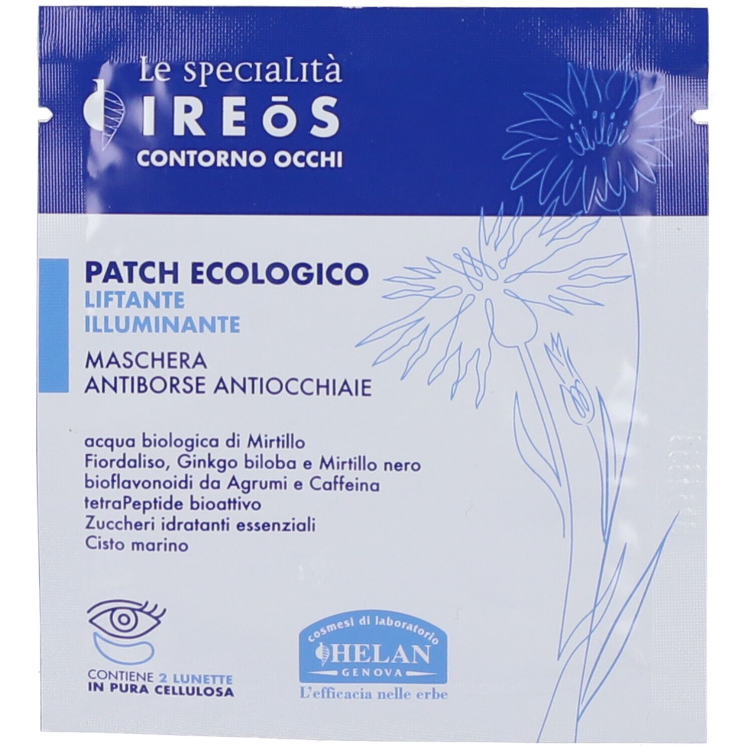Confezione di patch per occhi. Testo: Ireos, Contorno Occhi, Patch Ecologico Liftante Illuminante, Maschera Antiborse Antiocchiaie. Logo Helan.