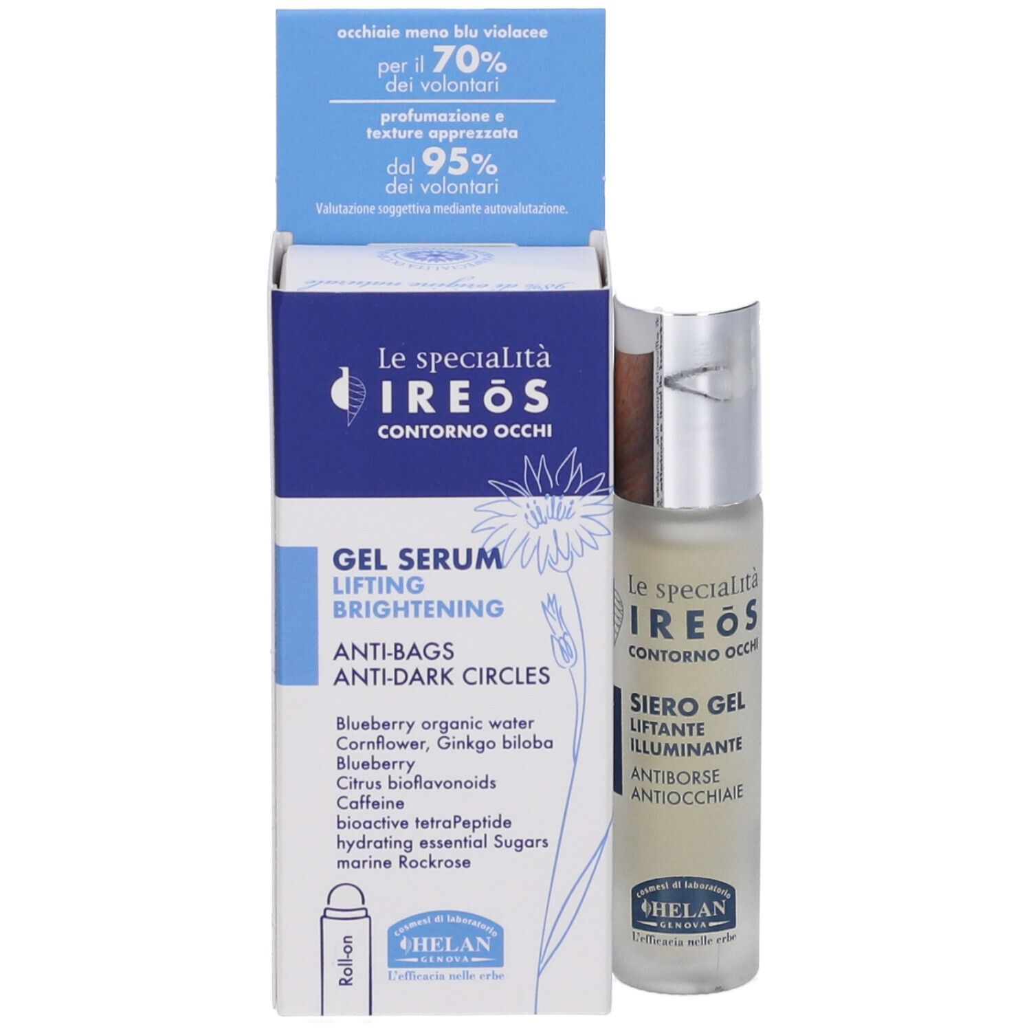 Produktverpackung mit Flakon. Aufschrift: IREOS Contorno Occhi, Gel Serum Lifting Brightening, Anti-Bags Anti-Dark Circles. Marke: Helan.