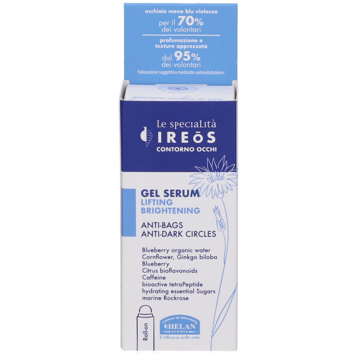 Produktverpackung mit Flakon. Aufschrift: IREOS Contorno Occhi, Gel Serum Lifting Brightening, Anti-Bags Anti-Dark Circles. Marke: Helan.