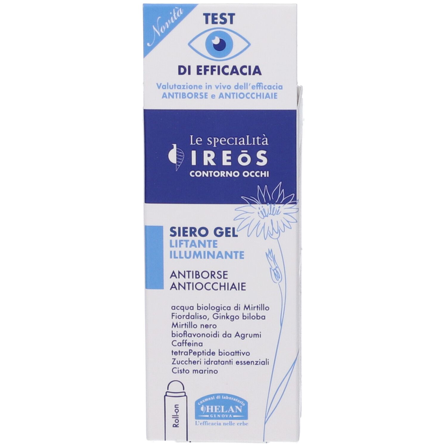 Produktverpackung mit Flakon. Aufschrift: IREOS Contorno Occhi, Siero Gel Liftante Illuminante Antiborse Antiocchiaie. Marke: Helan.