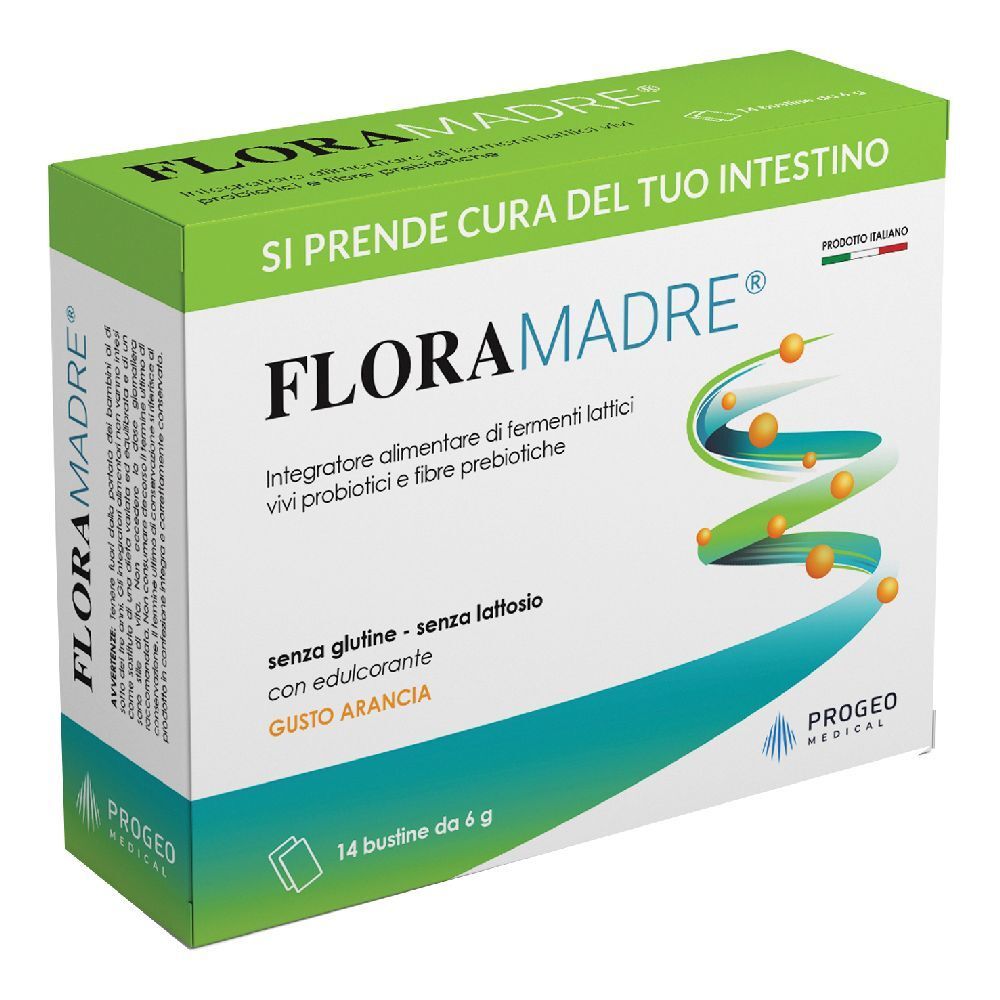 Scatola "FLORAMADRE" con 14 bustine. Scritto: "Integratore alimentare di..." e "senza glutine - senza lattosio". Gusto arancia.