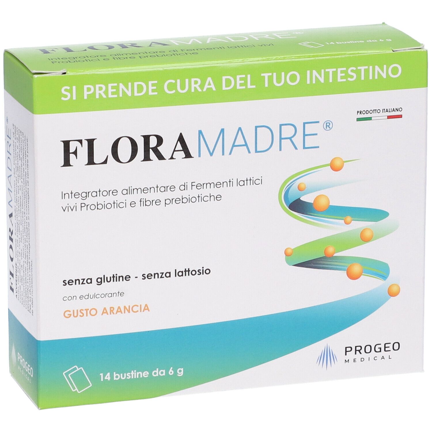Scatola "FLORAMADRE" con 14 bustine. Scritto: "Integratore alimentare di..." e "senza glutine - senza lattosio". Logo Progeo Medical.