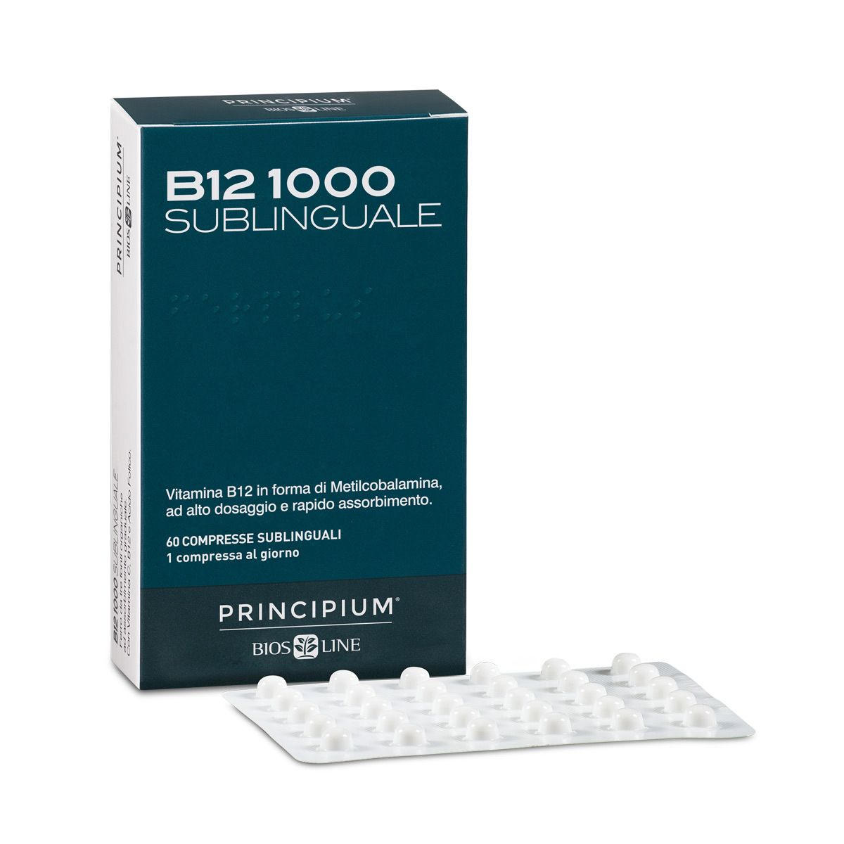 Schachtel mit BIOSLINE Principium® B12 1000 Sublingual. Enthält Tabletten in Blisterpackung.