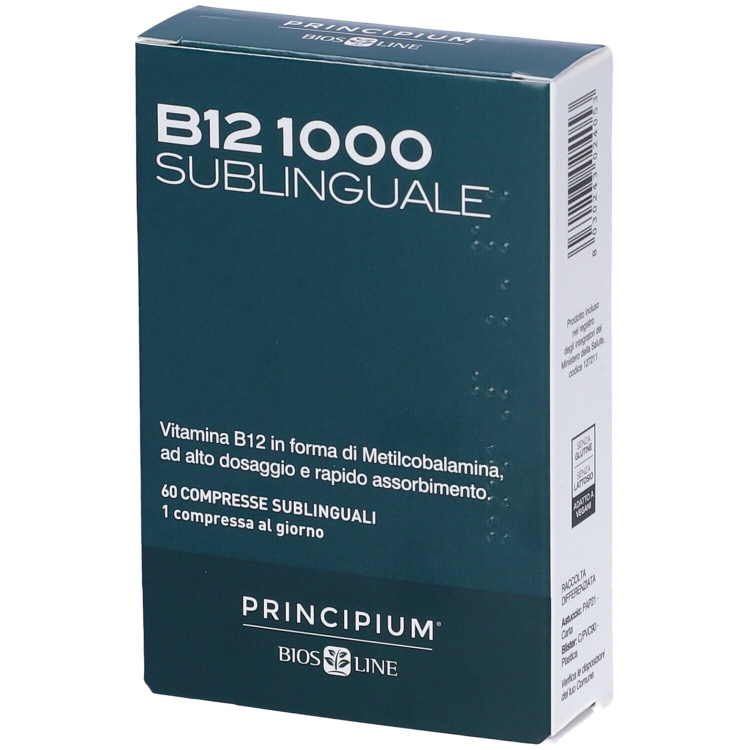 BIOSLINE Principium® B12 1000 Sublingual Schachtel. Text: B12 1000 Sublinguale, 60 compresse sublinguali.