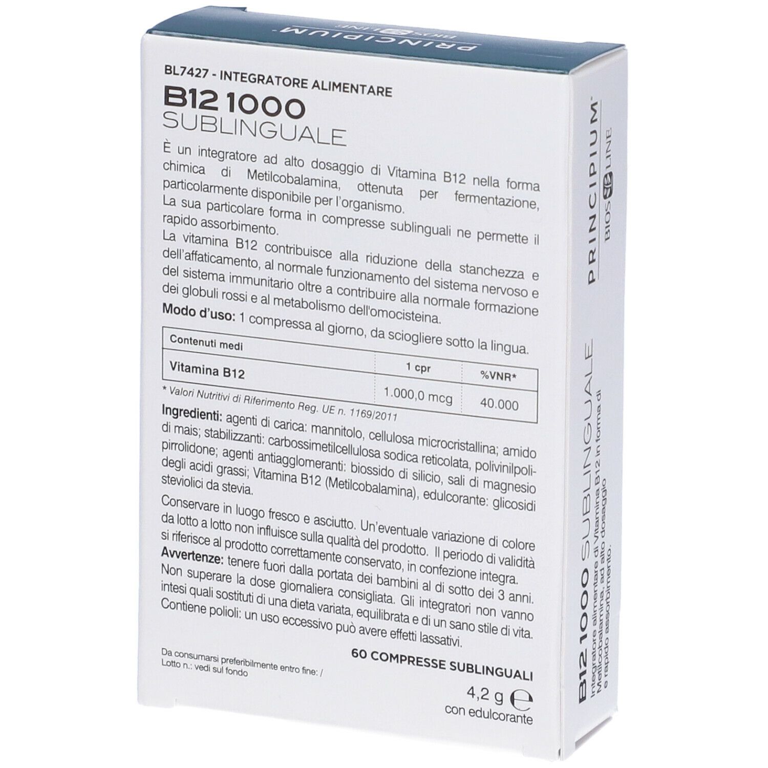 Rückseite der BIOSLINE Principium® B12 1000 Sublingual Schachtel. Text und Inhaltsangaben.
