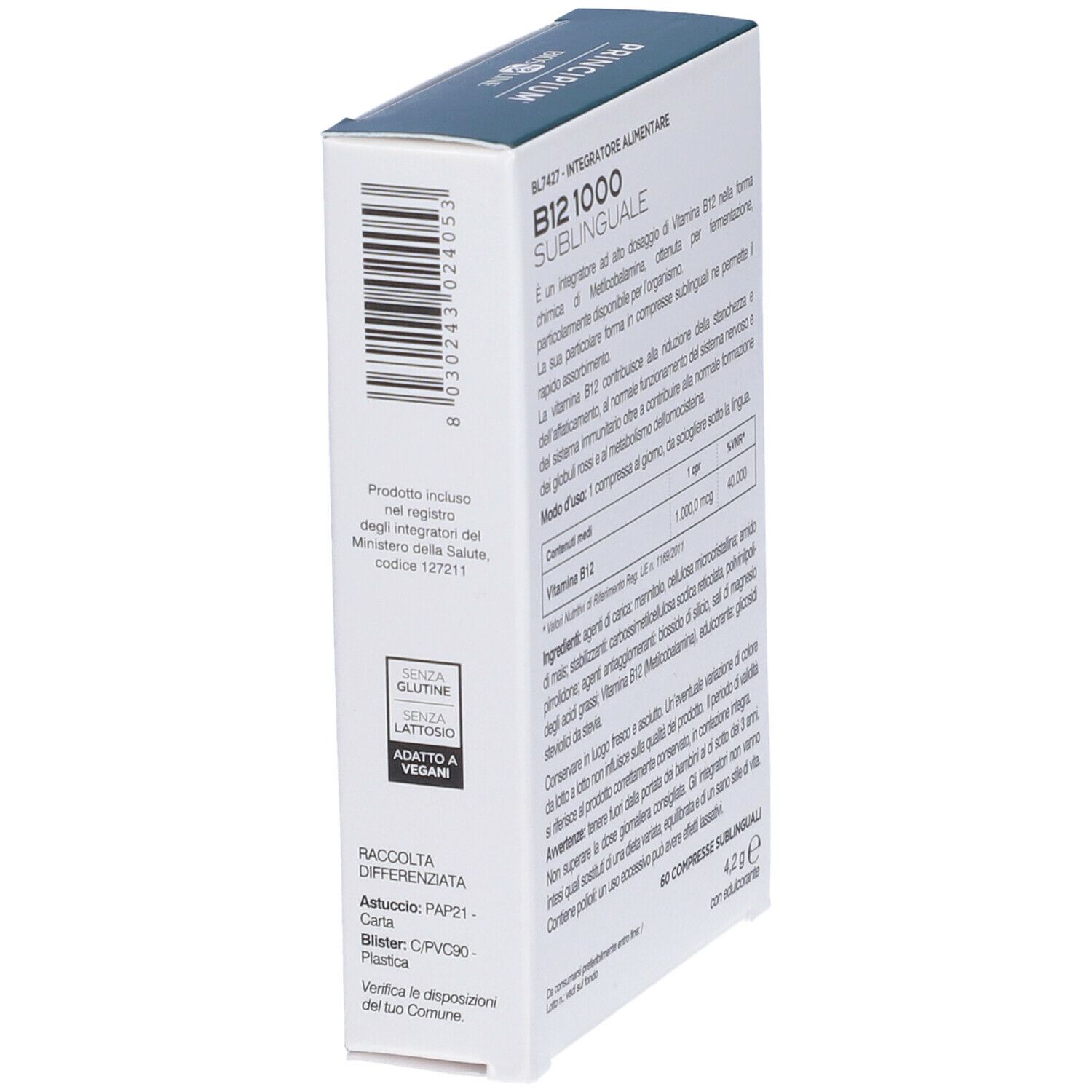 BIOSLINE Principium® B12 1000 Sublingual Schachtel, Seitenansicht. Text und Barcode.