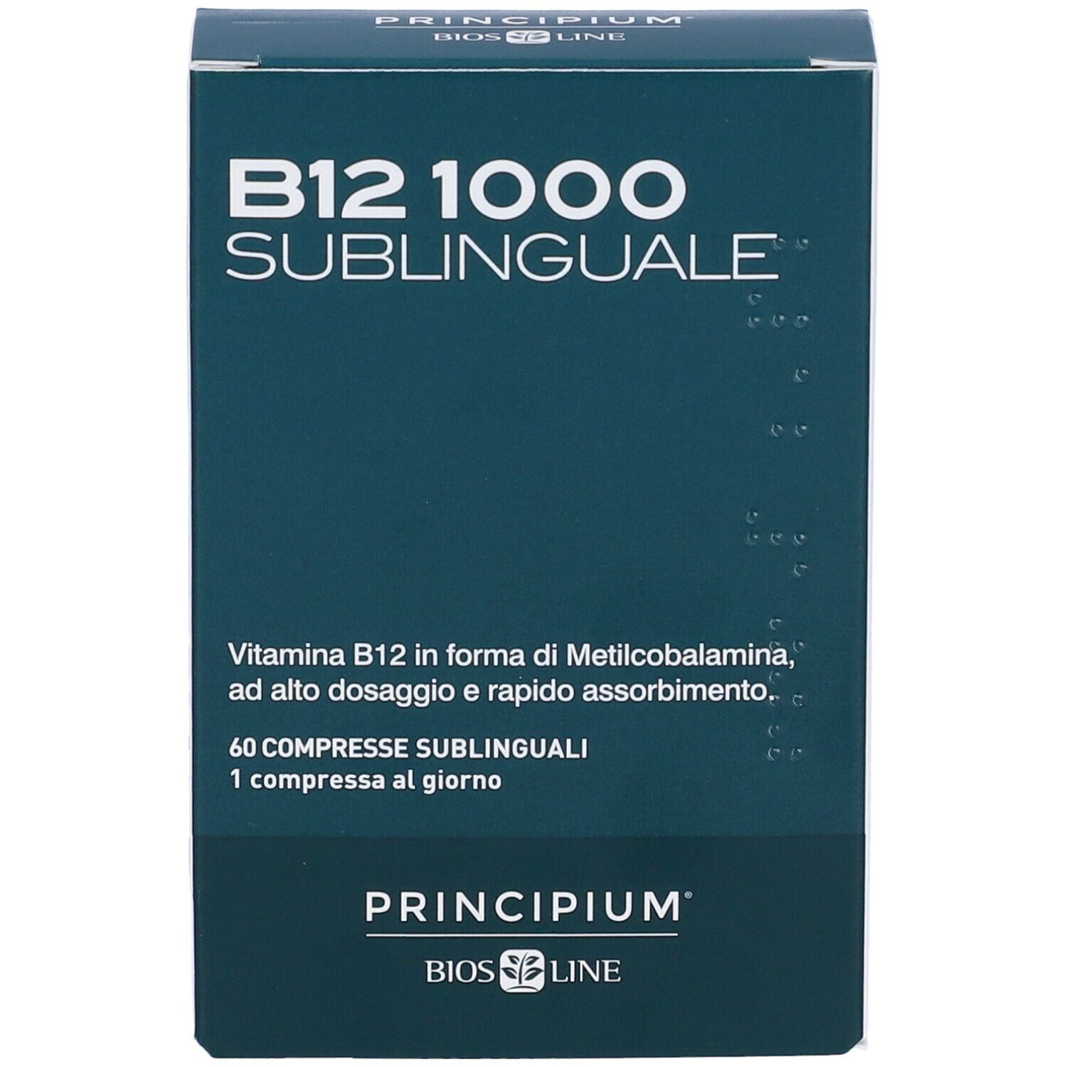 BIOSLINE Principium® B12 1000 Sublingual Schachtel. Text: B12 1000 Sublinguale, 60 compresse sublinguali.