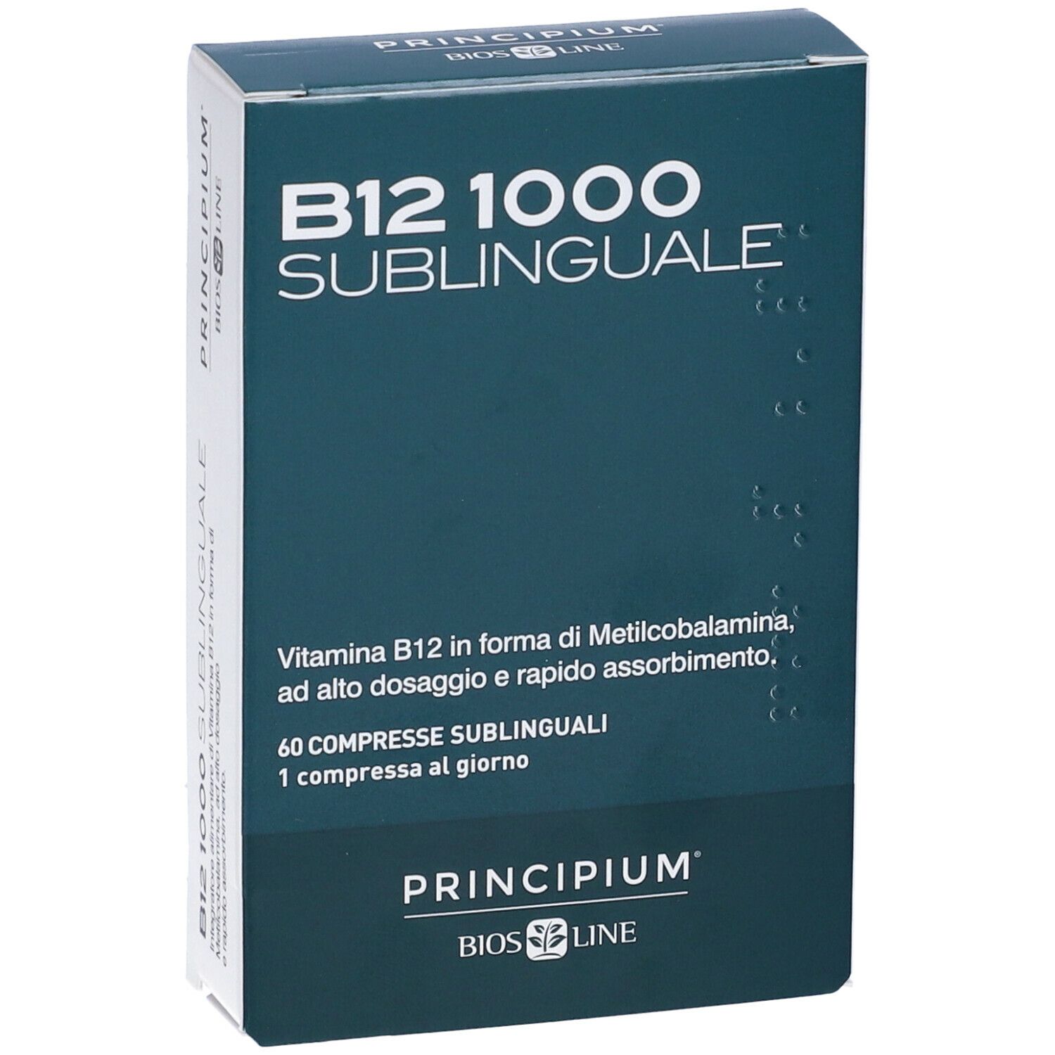 BIOSLINE Principium® B12 1000 Sublingual Schachtel. Text: B12 1000 Sublinguale, 60 compresse sublinguali.
